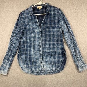Cloth & Stone Button Down Shirt Womens L Blue Acid Wash Plaid Long Sleeve Cotton